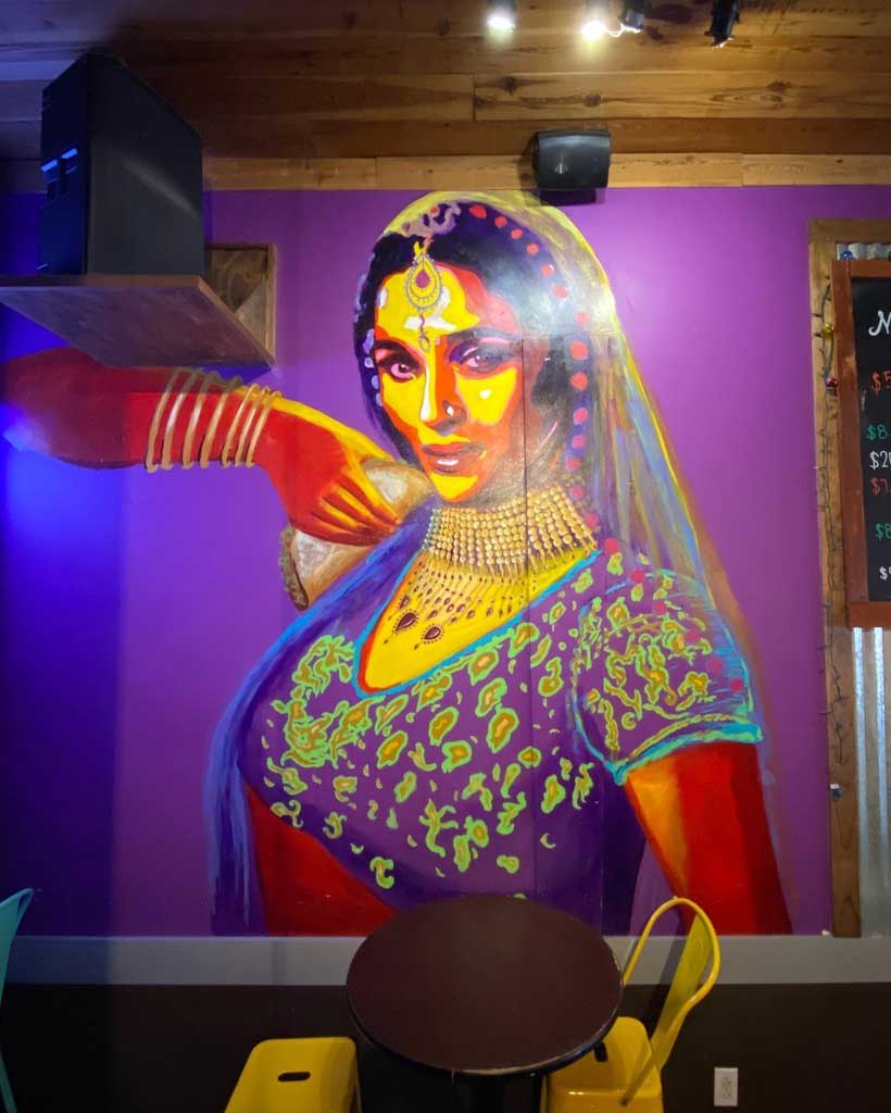 The Dancer (Actress Madhuri Dixit as Chandramukhi in Devdas) Mural, Bollywood Tacos Restaurant, Milledgeville GA (Downtown). Acrylic mural, 15’x10’, 2018