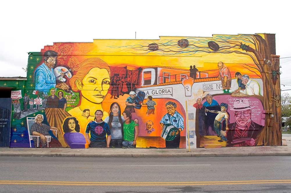 Lideres de la Communidad/Community Leaders, San Anto Cultural Arts, Acrylic mural, Buena Vista Gardens building, San Antonio, Texas, 2006