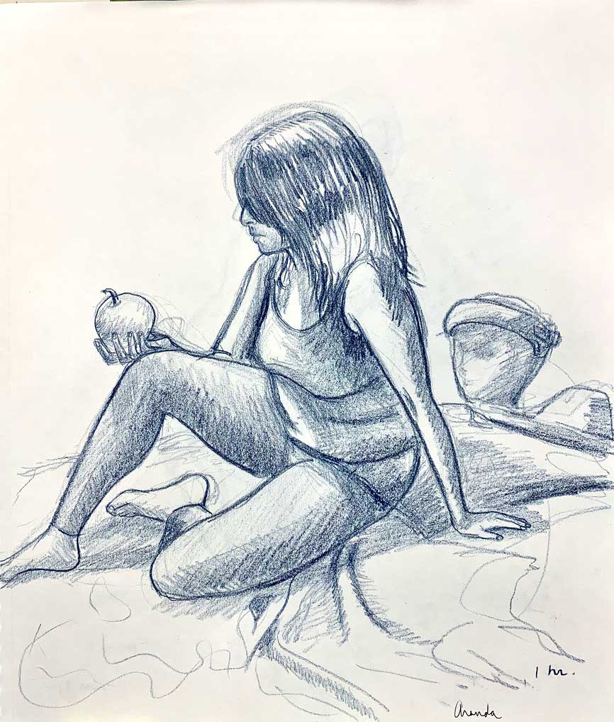 Model with Props, Blue pencil on paper, 14”x17”, 2019