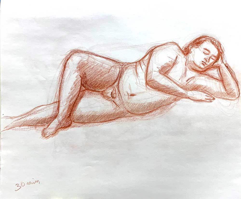 Reclining Figure, Conté crayon pencil on paper, 14”x17”, 2018