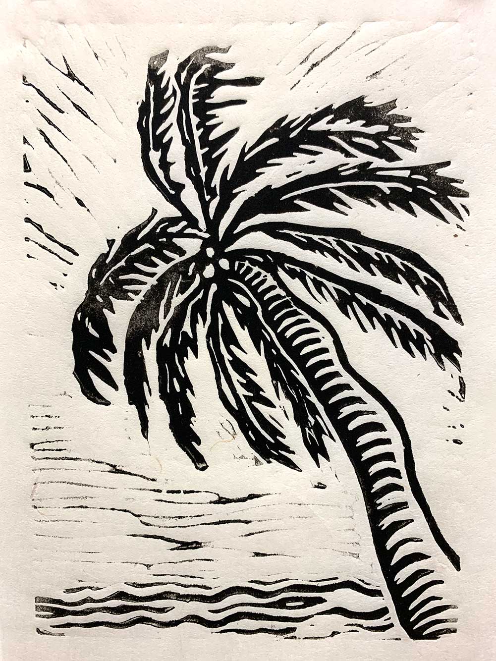 Royal Palm and Beach, Linocut on Arches, 9”x6”, 2020